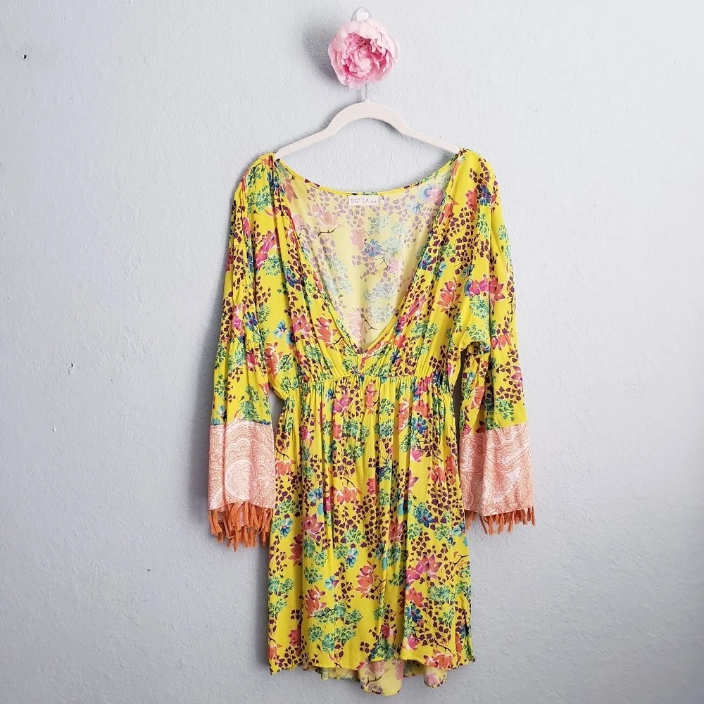 Sofia By Vix Yellow Multicolor Floral Bohemian Swim Coverup Dress